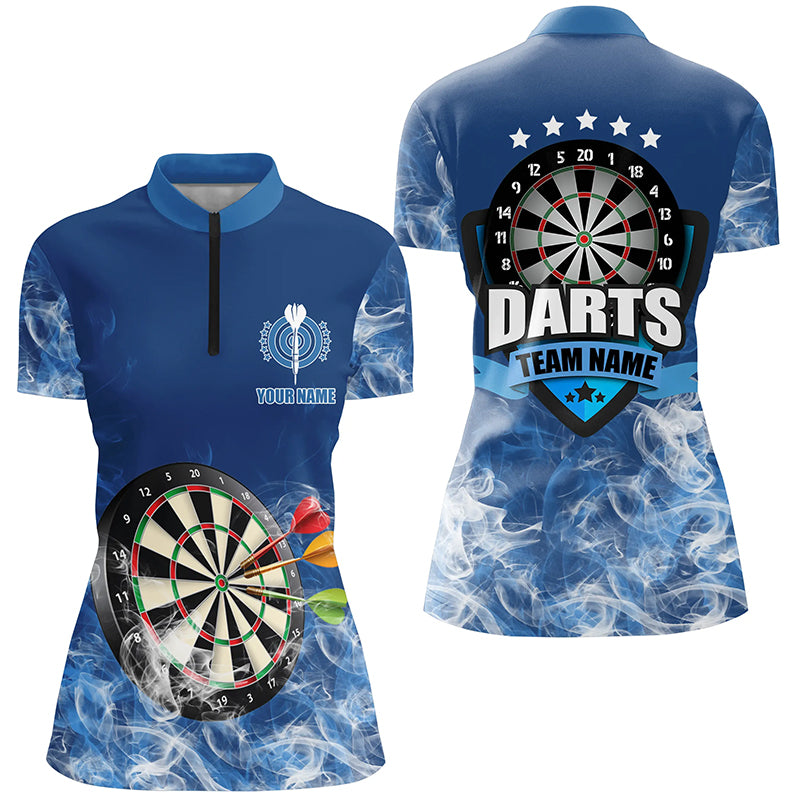 Blue 3D Dartboard Smoke Darts Quarter-Zip Shirts For Women Custom Team Name Darts Jerseys TDM1270