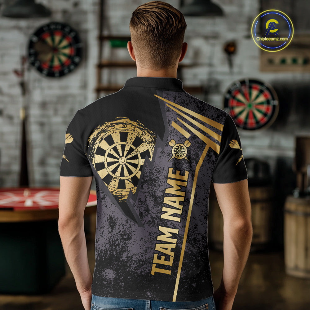 Back view of man wearing a gold grunge dartboard darts shirt.