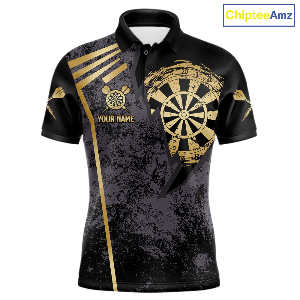 Gold grunge dartboard darts polo shirt for men with custom darts team graphics.