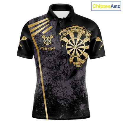 Gold grunge dartboard darts polo shirt for men with custom darts team graphics.