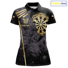Load image into Gallery viewer, Gold grunge dartboard darts polo shirt for women with custom darts team graphics.