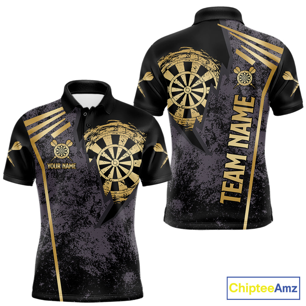 Gold grunge dartboard darts polo shirt for men with custom darts team graphics.
