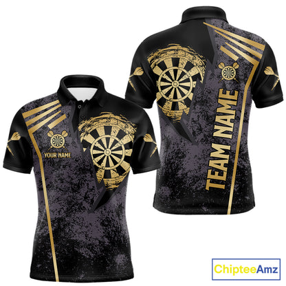 Gold grunge dartboard darts polo shirt for men with custom darts team graphics.