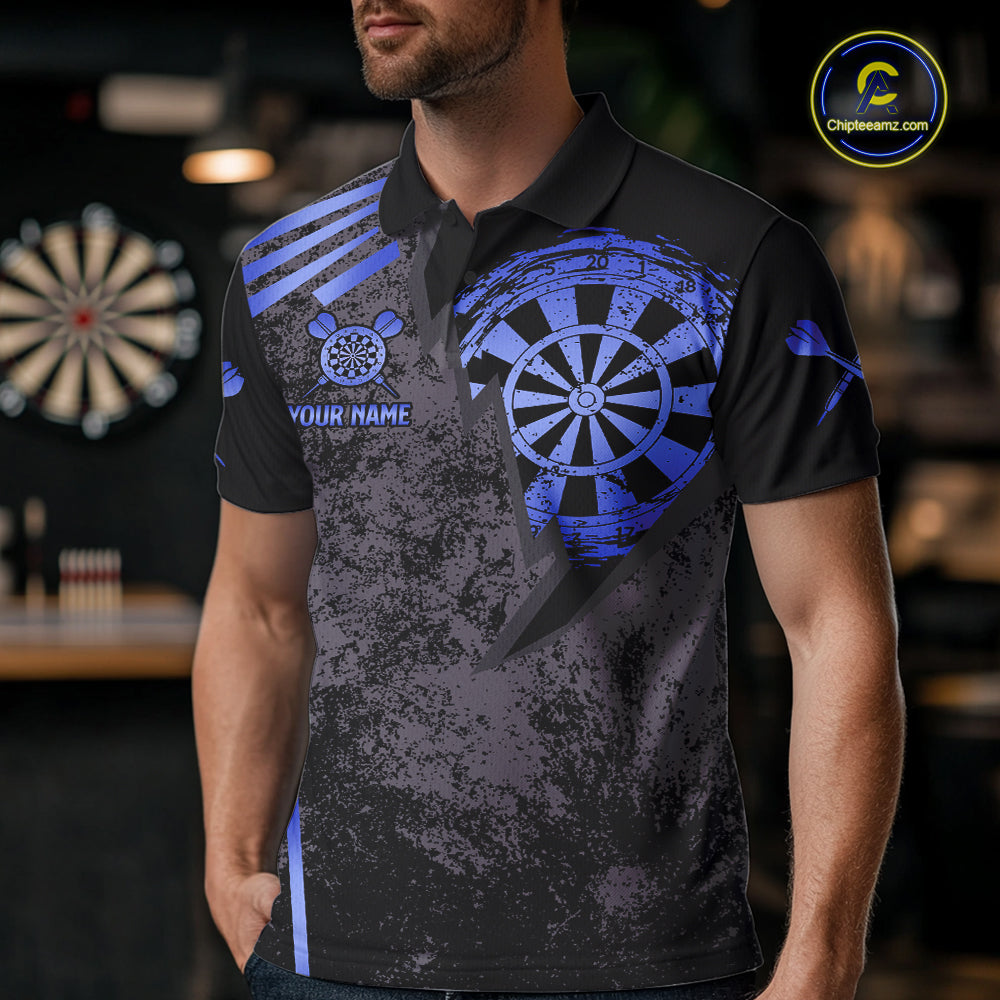 Man wearing a blue grunge dartboard darts jersey front view.
