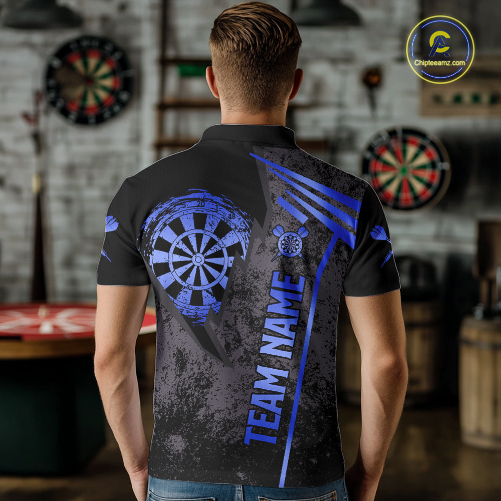 Back view of man wearing a blue grunge dartboard darts shirt.