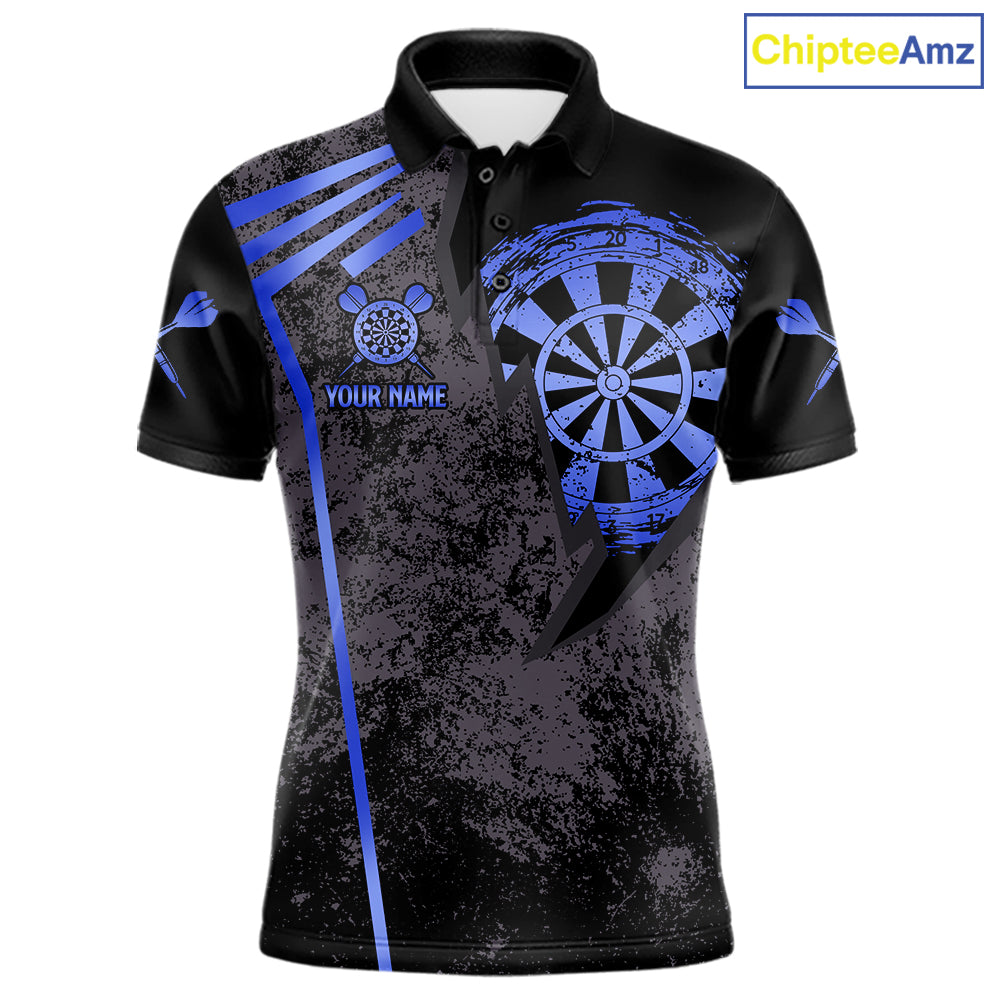 Blue grunge dartboard darts polo shirt for men with custom darts team graphics.