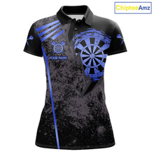 Load image into Gallery viewer, Blue grunge dartboard darts polo shirt for women with custom darts team graphics.
