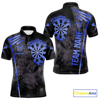 Blue grunge dartboard darts polo shirt for men with custom darts team graphics.