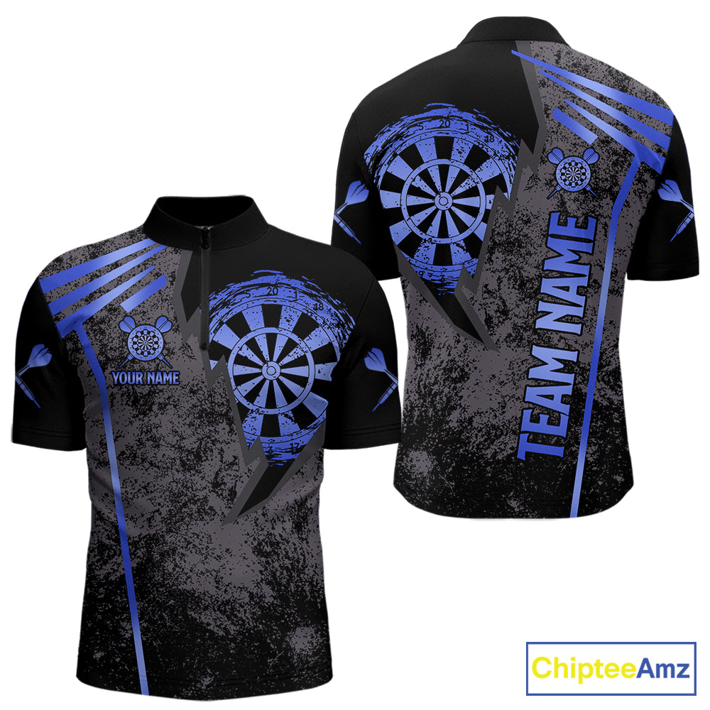 Blue grunge dartboard darts quarter zip shirt for men designed for league tournaments and team events.