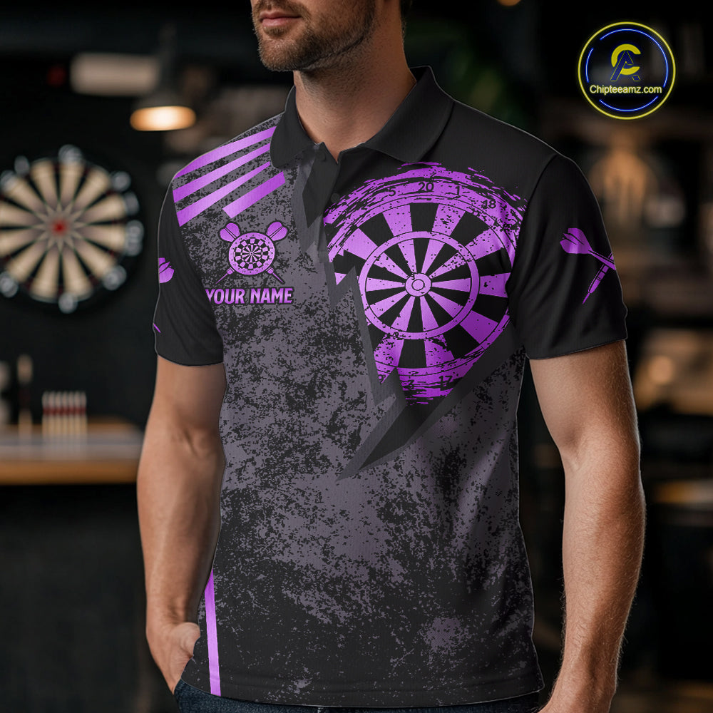 Man wearing a purple grunge dartboard darts jersey front view.
