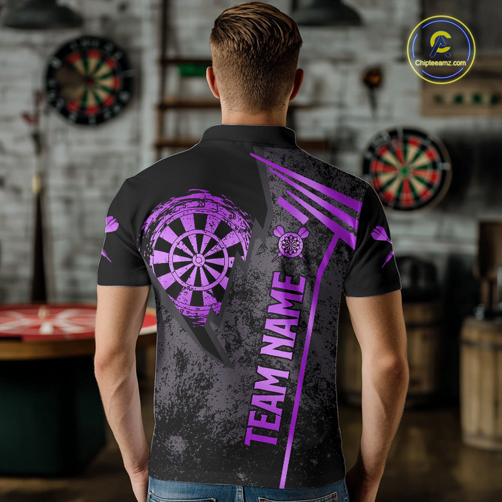 Back view of man wearing a purple grunge dartboard darts shirt.