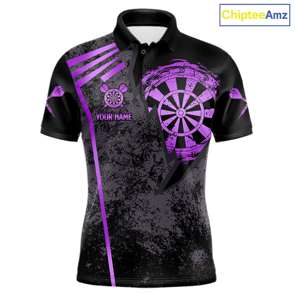 Purple grunge dartboard darts polo shirt for men with custom darts team graphics.