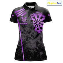 Load image into Gallery viewer, Purple grunge dartboard darts polo shirt for women with custom darts team graphics.
