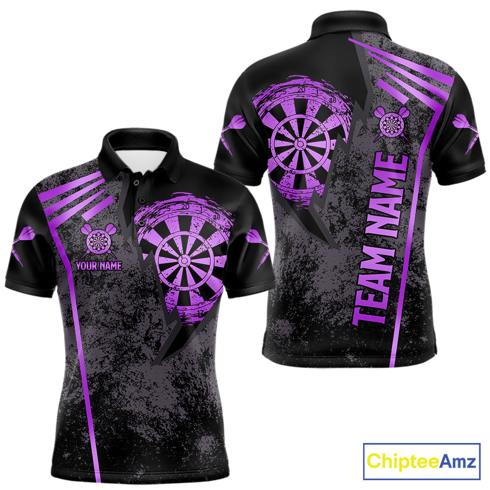 Purple grunge dartboard darts polo shirt for men with custom darts team graphics.