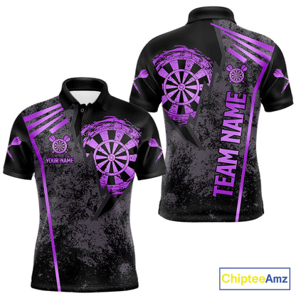 Purple grunge dartboard darts polo shirt for men with custom darts team graphics.
