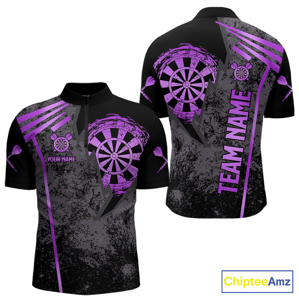 Purple grunge dartboard darts quarter zip shirt for men designed for league tournaments and team events.