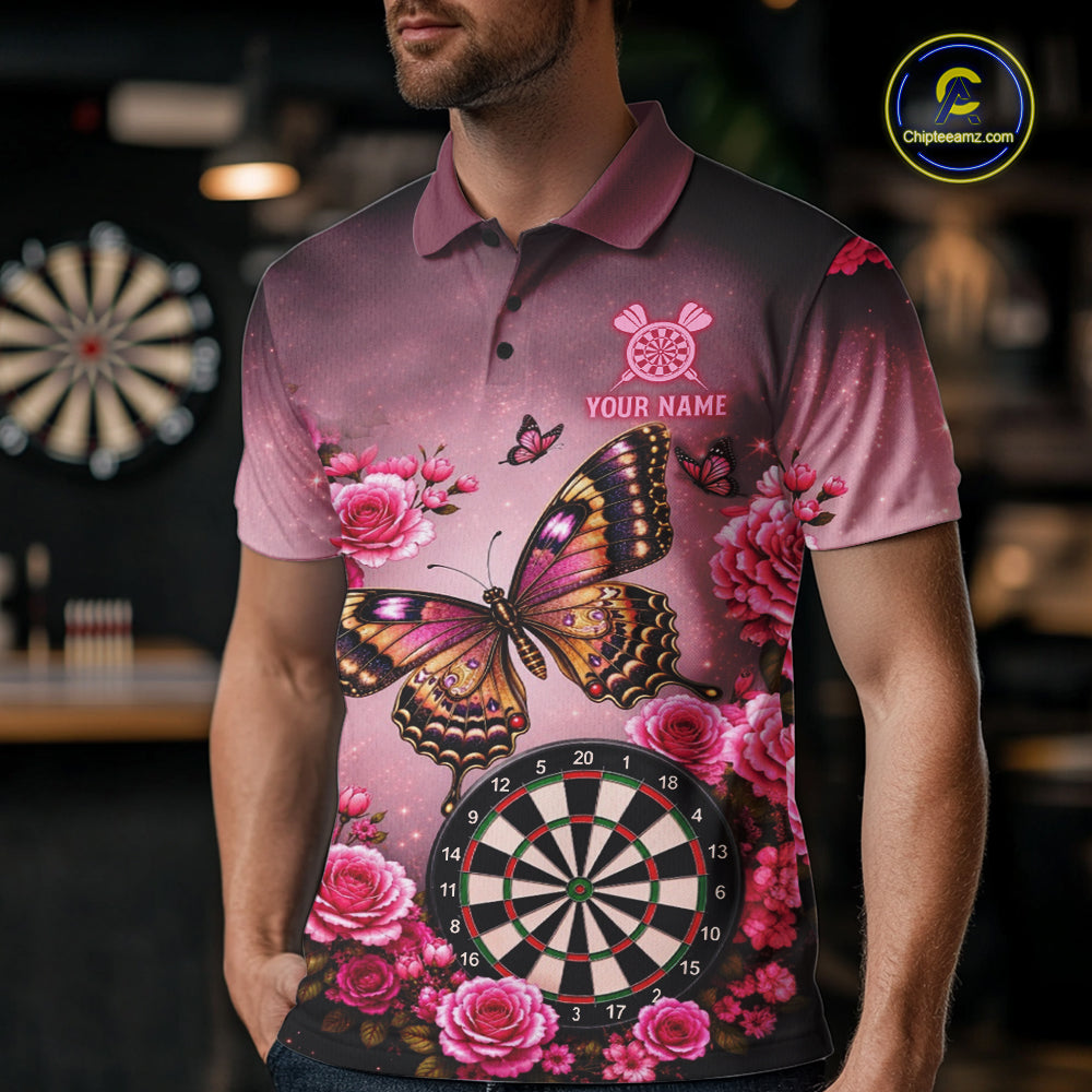 Man wearing a butterfly and rose darts jersey front view.