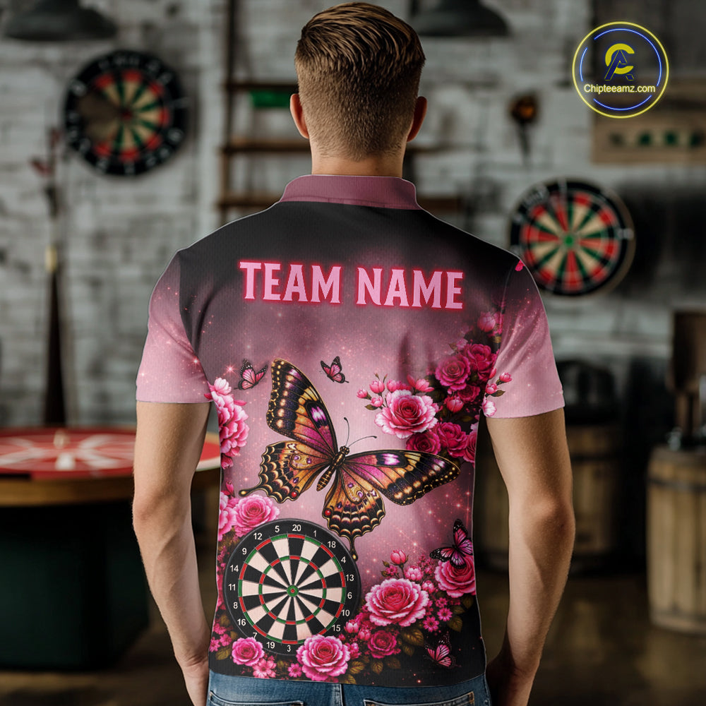 Back view of man wearing a butterfly and rose darts shirt.