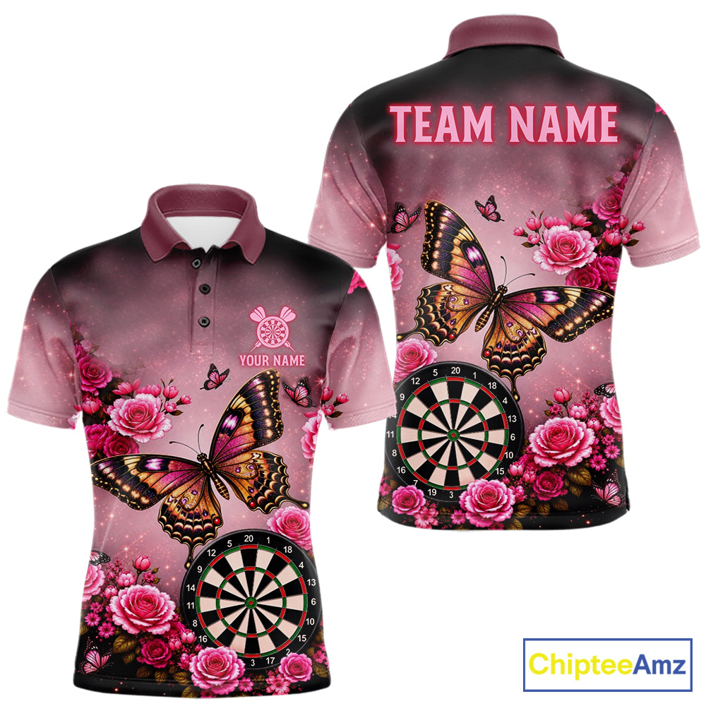Butterfly and rose darts polo shirt for men with custom darts team graphics.