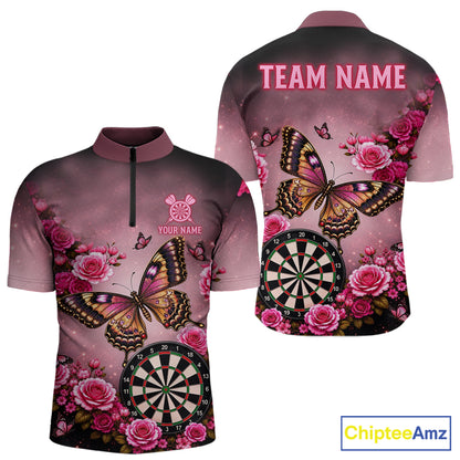 Butterfly and rose darts quarter zip shirt for men designed for league tournaments and team events.