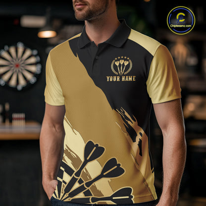 Man wearing a black and gold dartboard crown darts jersey front view.
