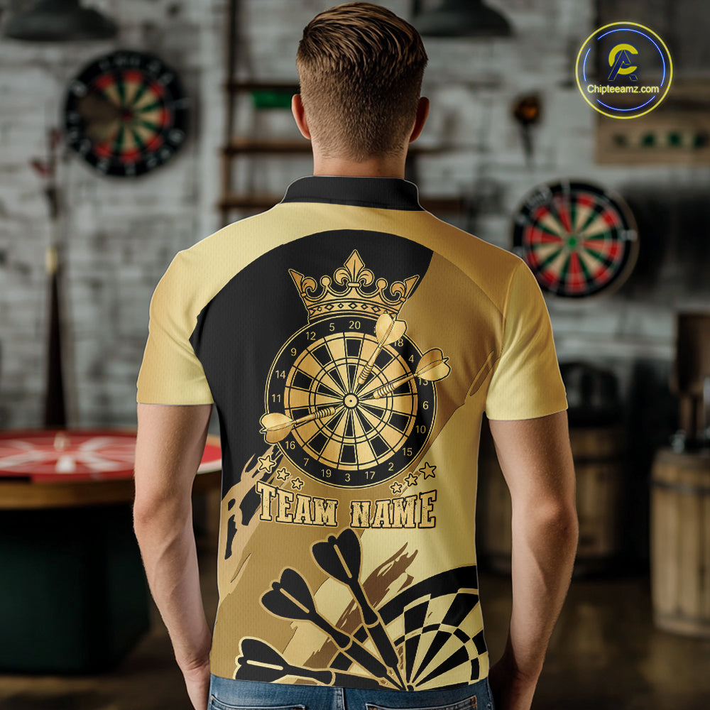 Back view of man wearing a black and gold dartboard crown darts shirt.