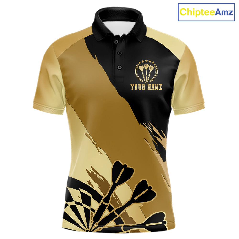 Black and gold dartboard crown darts polo shirt for men with custom darts league team graphics.