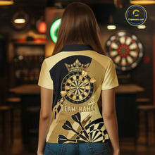 Load image into Gallery viewer, Back view of woman wearing a black and gold dartboard crown darts shirt.