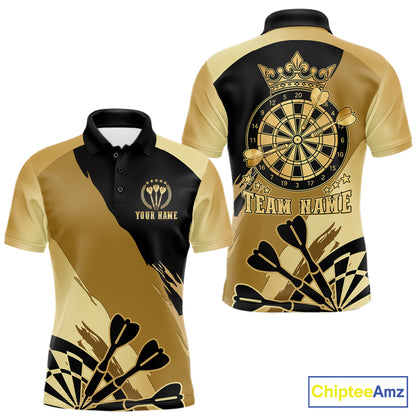 Black and gold dartboard crown darts polo shirt for men with custom darts league team graphics.