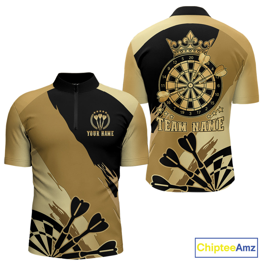 Black and gold dartboard crown darts quarter zip shirt for men designed for league tournaments and team events.