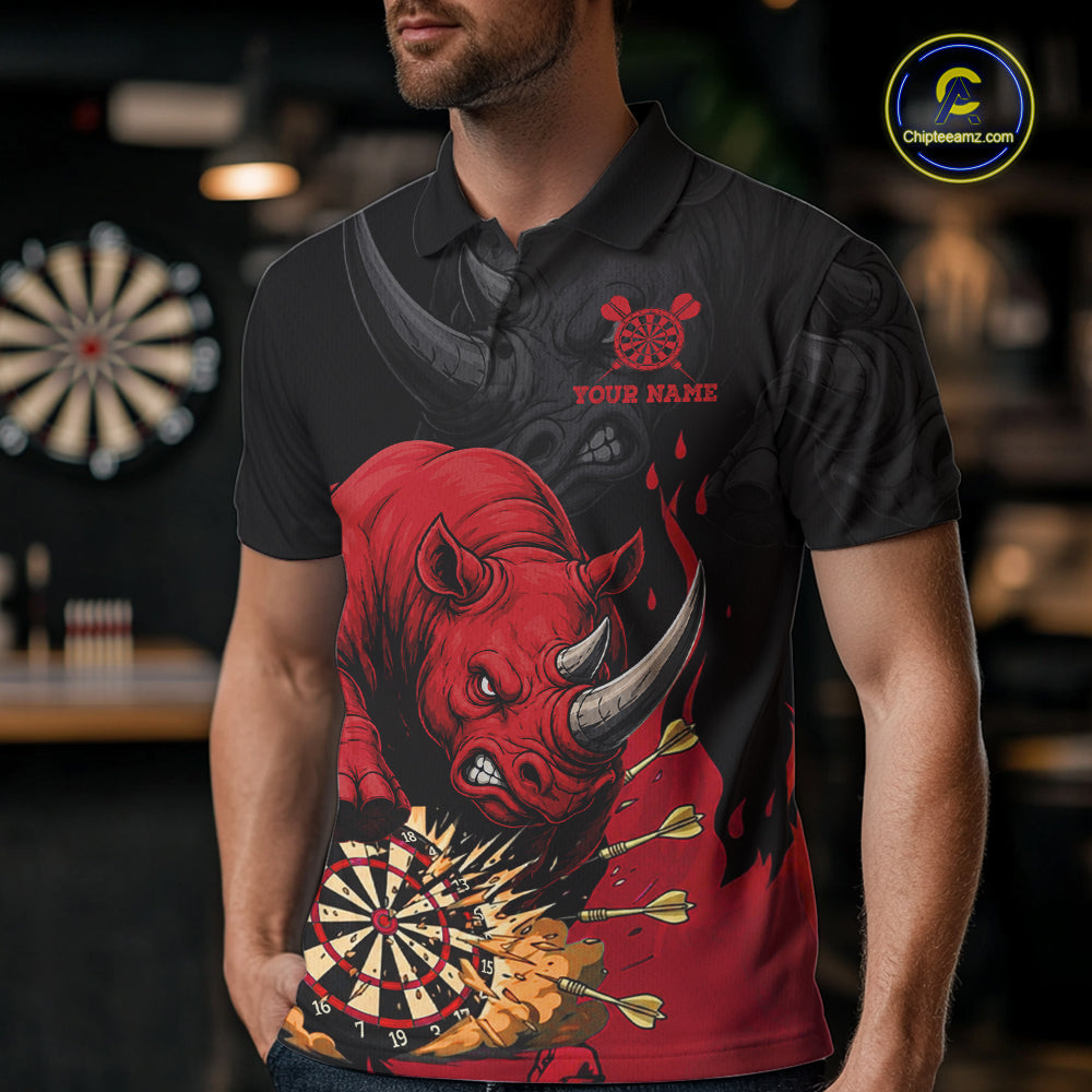 Man wearing a black and red funny rhino darts jersey front view.