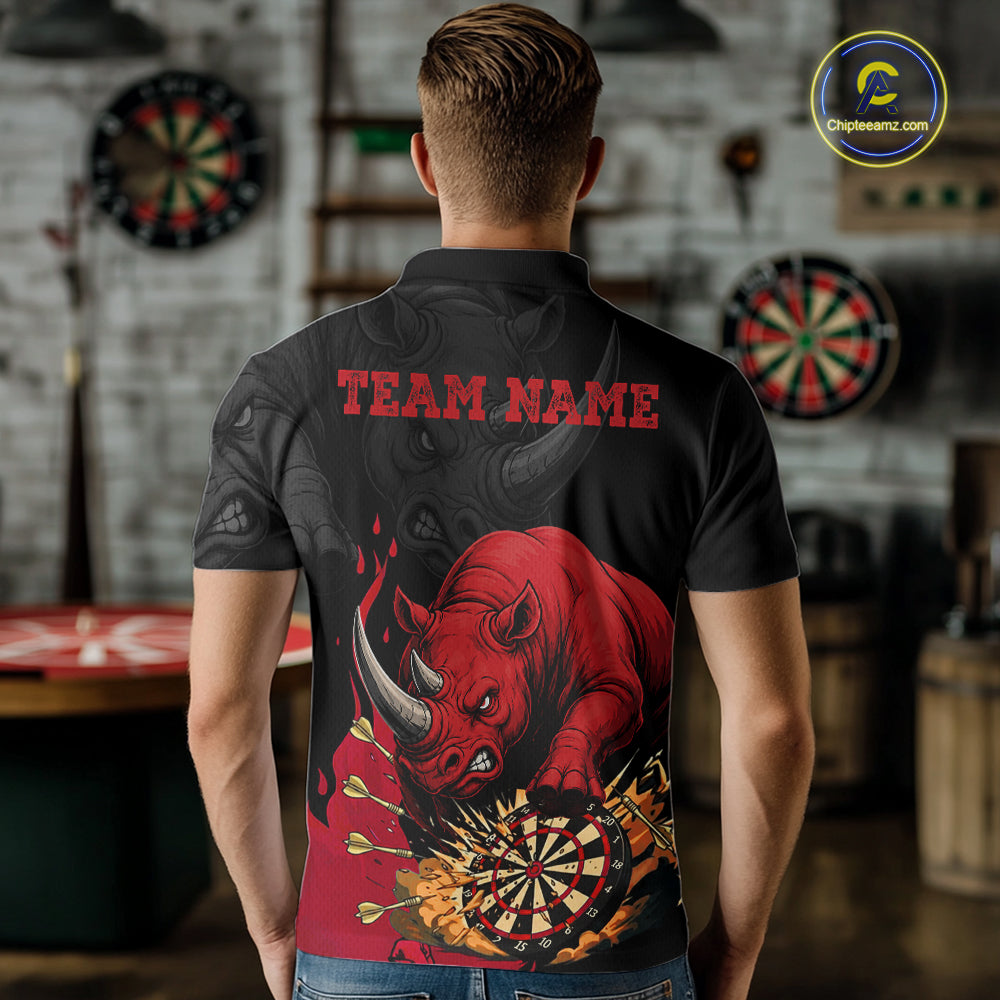 Back view of man wearing a black and red funny rhino darts shirt.