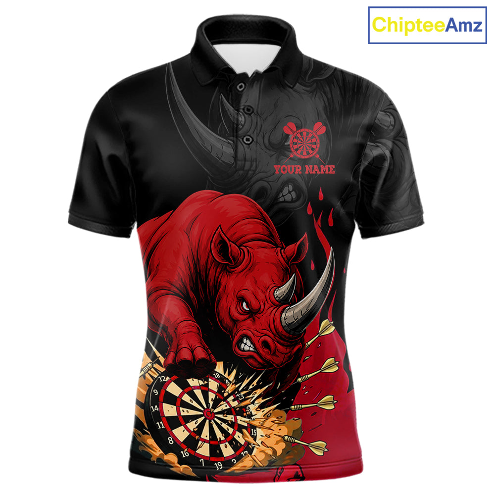 Black and red funny rhino darts polo shirt for men with custom darts team graphics.