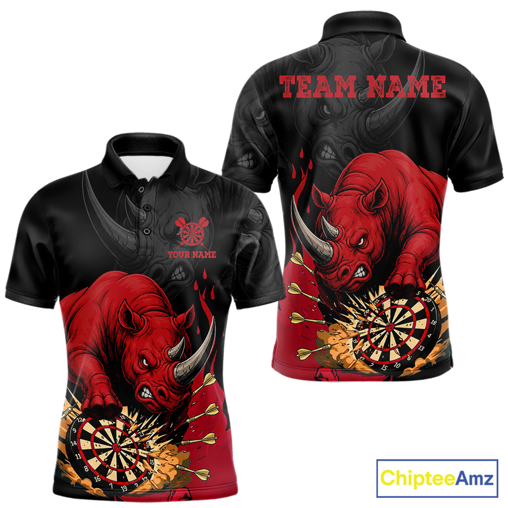 Black and red funny rhino darts polo shirt for men with custom darts team graphics.