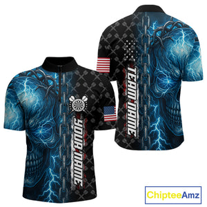 Personalized Blue Darts Skull Thunder Lightning Darts Shirt For Men, US Flag Darts Team Jersey TDM4613