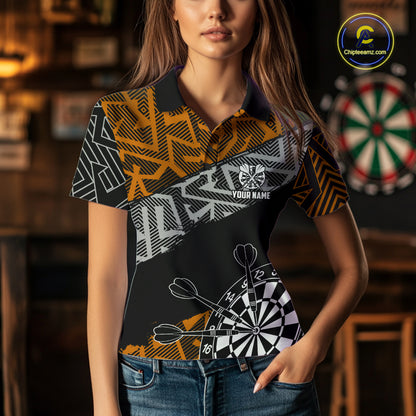 Custom Darts Shirts For Women Personalized Zig-Zag Pattern Dart Jerseys, Darts Team Shirts |Orange TDM7282