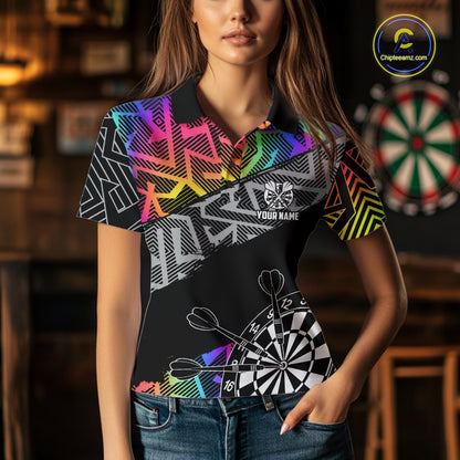 Personalized Rainbow Zig-Zag Pattern Darts Shirts For Women Custom Darts Team Jersey Polo, 1/4 Zip TDM7283