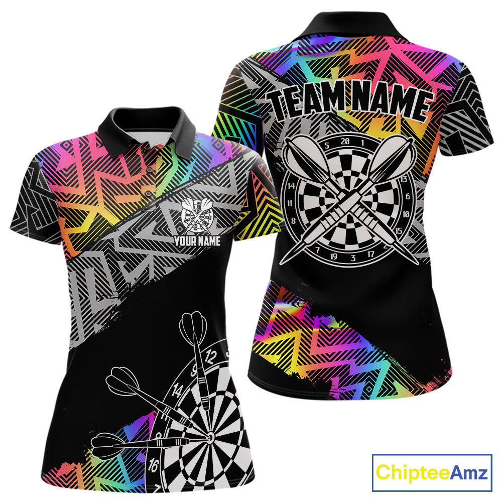 Personalized Rainbow Zig-Zag Pattern Darts Shirts For Women Custom Darts Team Jersey Polo, 1/4 Zip TDM7283