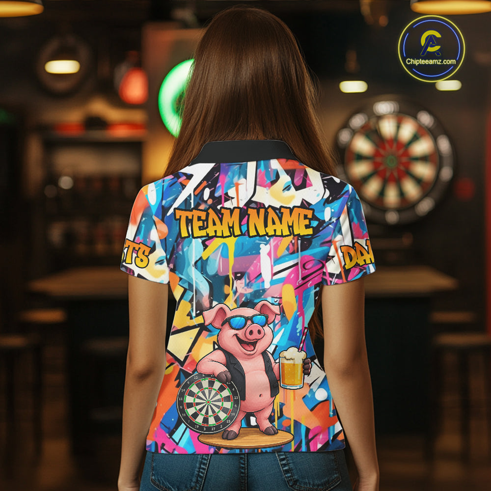 Funny Pig Colorful Graffiti Darts Shirt For Women Custom Darts Team Jersey Polo, Quarter Zip Shirt TDM7284