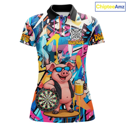 Funny Pig Colorful Graffiti Darts Shirt For Women Custom Darts Team Jersey Polo, Quarter Zip Shirt TDM7284