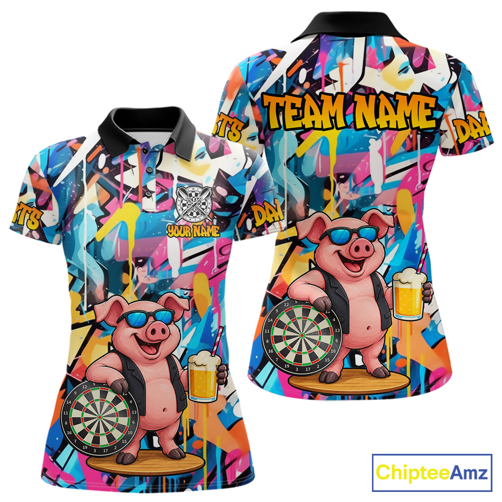 Funny Pig Colorful Graffiti Darts Shirt For Women Custom Darts Team Jersey Polo, Quarter Zip Shirt TDM7284