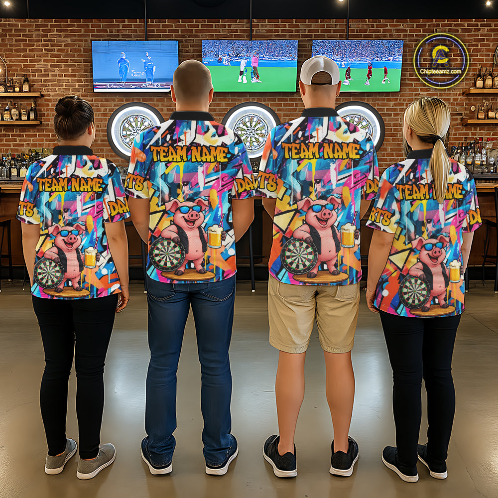 Funny Pig Colorful Graffiti Darts Shirt For Women Custom Darts Team Jersey Polo, Quarter Zip Shirt TDM7284