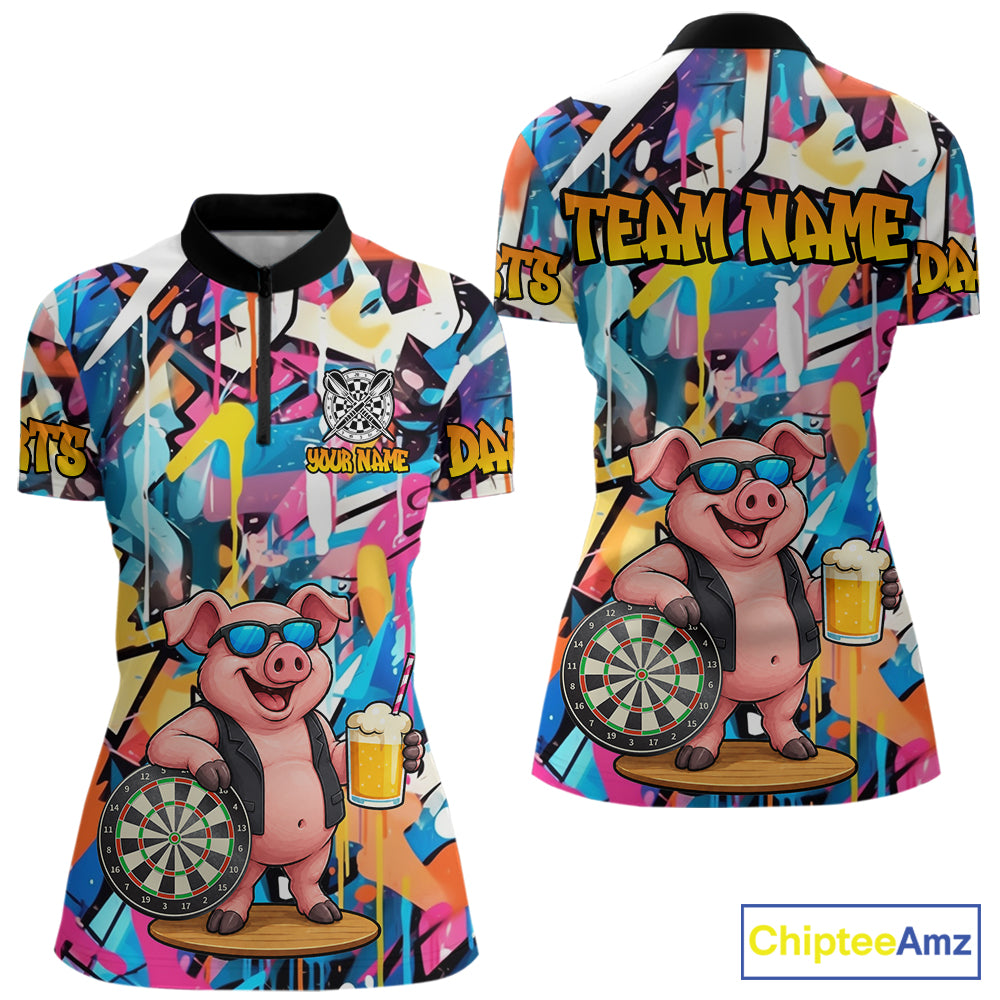 Funny Pig Colorful Graffiti Darts Shirt For Women Custom Darts Team Jersey Polo, Quarter Zip Shirt TDM7284