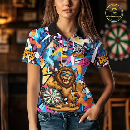 Funny Lion Colorful Graffiti Darts Shirt For Women Custom Darts Team Jersey Polo, Quarter Zip Shirt TDM7285
