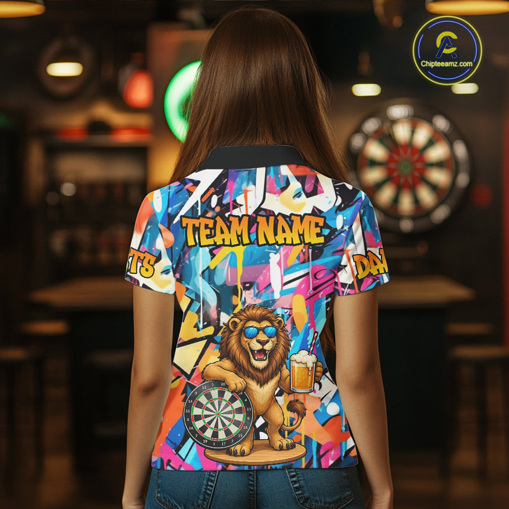 Funny Lion Colorful Graffiti Darts Shirt For Women Custom Darts Team Jersey Polo, Quarter Zip Shirt TDM7285
