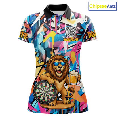 Funny Lion Colorful Graffiti Darts Shirt For Women Custom Darts Team Jersey Polo, Quarter Zip Shirt TDM7285