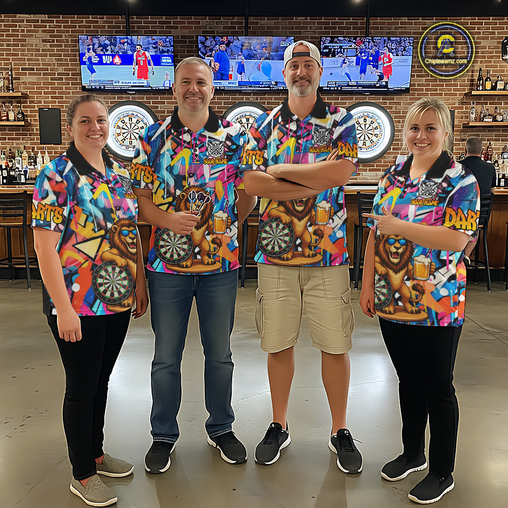 Funny Lion Colorful Graffiti Darts Shirt For Women Custom Darts Team Jersey Polo, Quarter Zip Shirt TDM7285