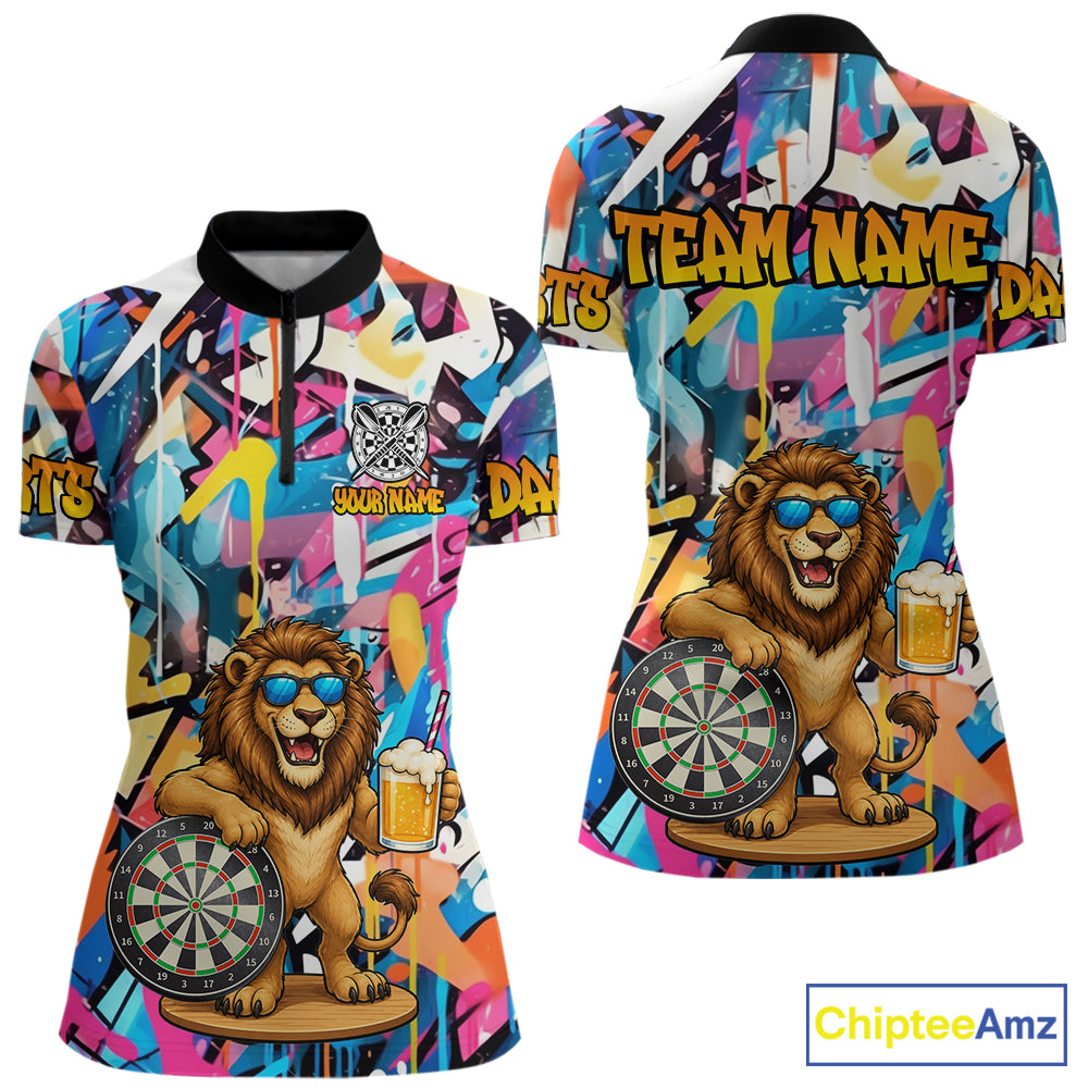 Funny Lion Colorful Graffiti Darts Shirt For Women Custom Darts Team Jersey Polo, Quarter Zip Shirt TDM7285