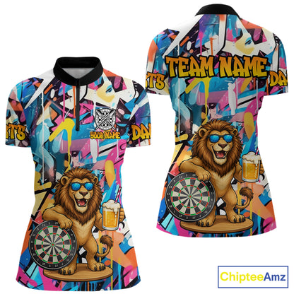 Funny Lion Colorful Graffiti Darts Shirt For Women Custom Darts Team Jersey Polo, Quarter Zip Shirt TDM7285