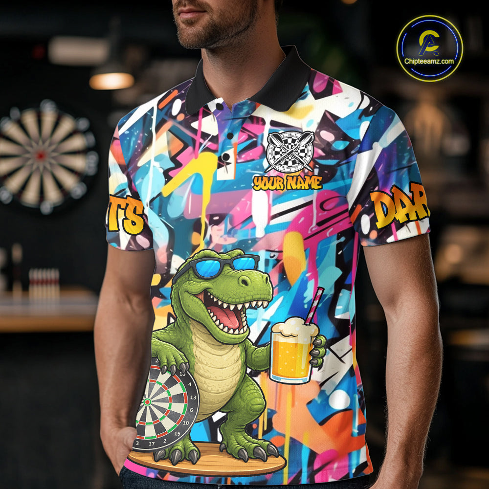 Funny Dinosaur Colorful Graffiti Darts Shirt For Men Custom Darts Team Jersey Polo, 1/4 Zip Shirt TDM7286